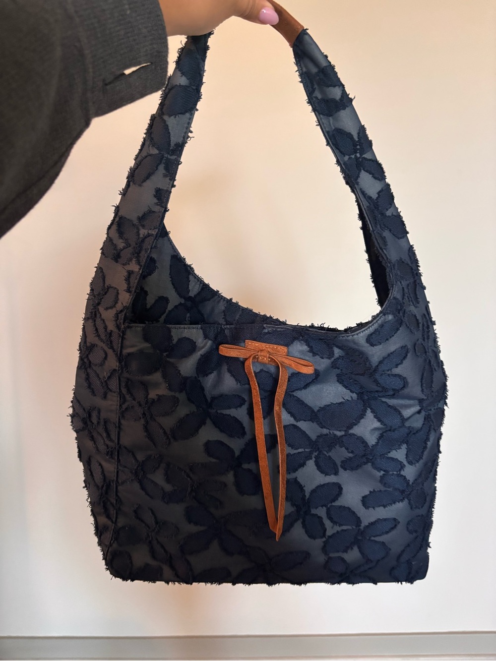 Lucky Brand Navy Floral-Texture Shoulder Bag with Tan Tie